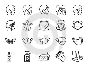 Covid-19 protection equipments line icon set. Included icons as face mask, 3d mask, face shield,Â alcohol gel, ppe suite a